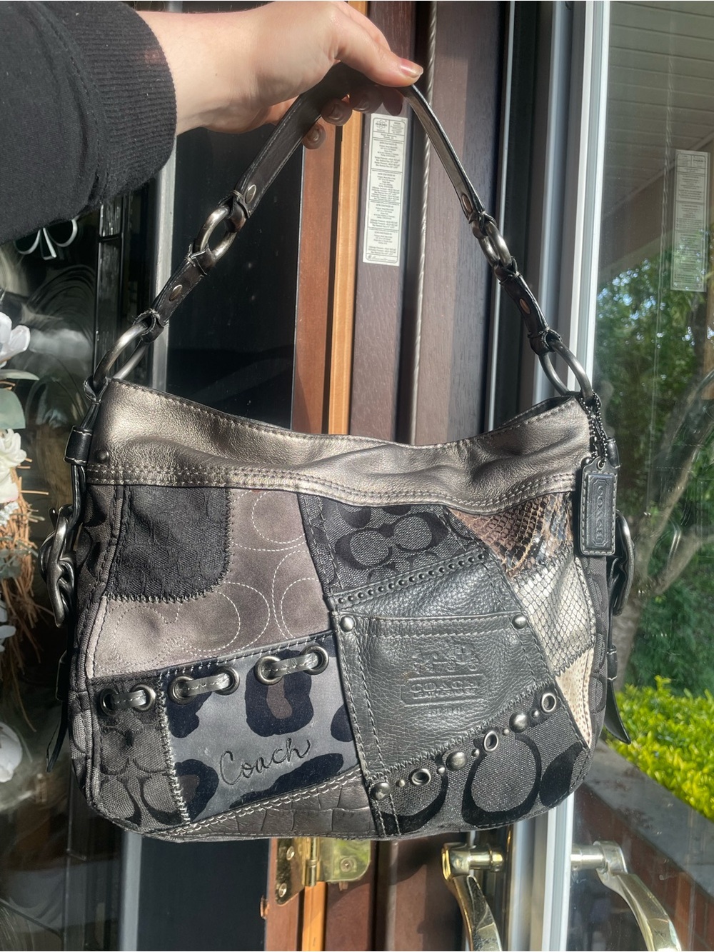 Coach vintage Zoe patchwork Leather Shoulder Bag in Black and Gray